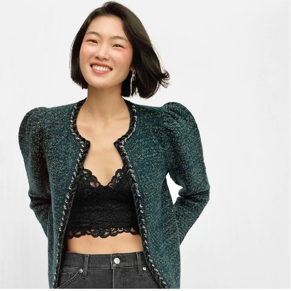 Emerald Green EXPRESS Lurex Chain Trim Sweater Jacket